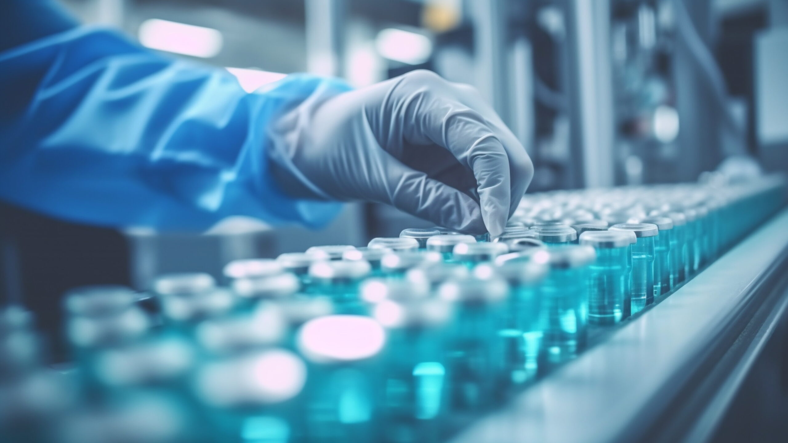 Hands with sanitary gloves examining Medical vials on a producti